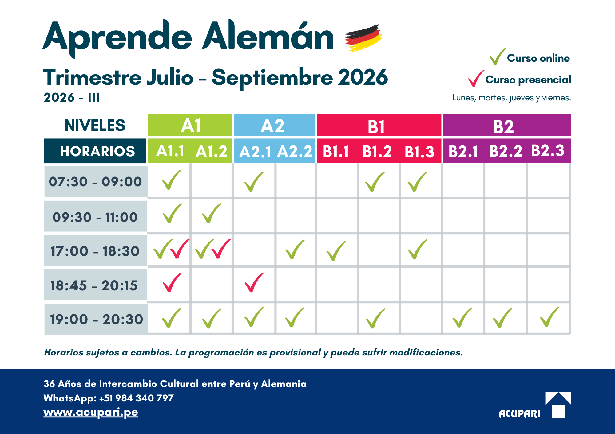 Horarios curso de alemán ACUPARI